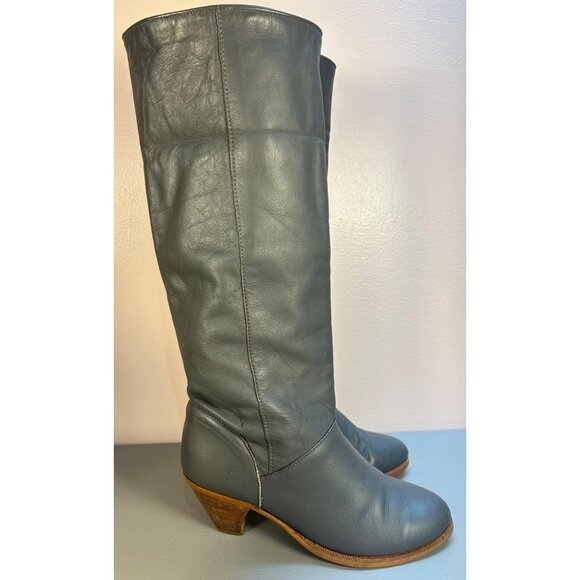 VTG FRYE Tall Leather Heeled Boots Womens 7 Rare Dark Gray - Picture 2 of 12
